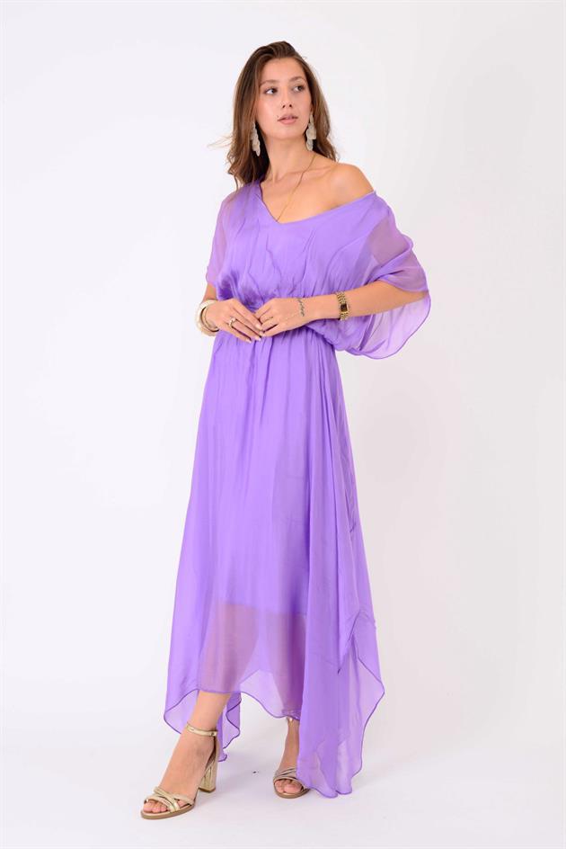 6108 BELİ BÜZGÜLÜ ASİMETRİK İPEK ELBİSE