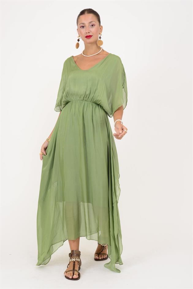 6108 BELİ BÜZGÜLÜ ASİMETRİK İPEK ELBİSE