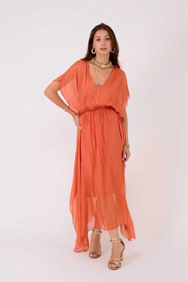 6108 BELİ BÜZGÜLÜ ASİMETRİK İPEK ELBİSE