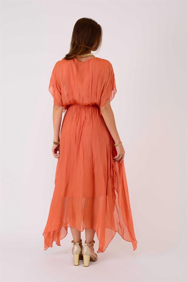 6108 BELİ BÜZGÜLÜ ASİMETRİK İPEK ELBİSE