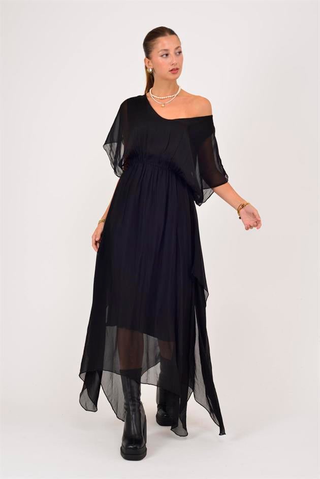 6108 BELİ BÜZGÜLÜ ASİMETRİK İPEK ELBİSE