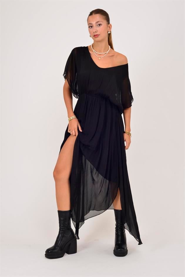 6108 BELİ BÜZGÜLÜ ASİMETRİK İPEK ELBİSE