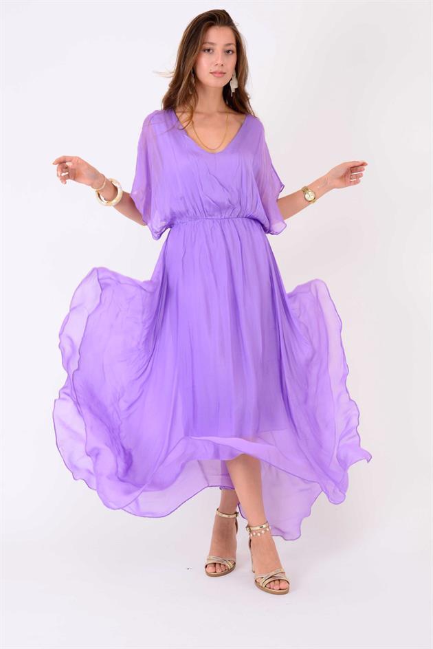 6108 BELİ BÜZGÜLÜ ASİMETRİK İPEK ELBİSE