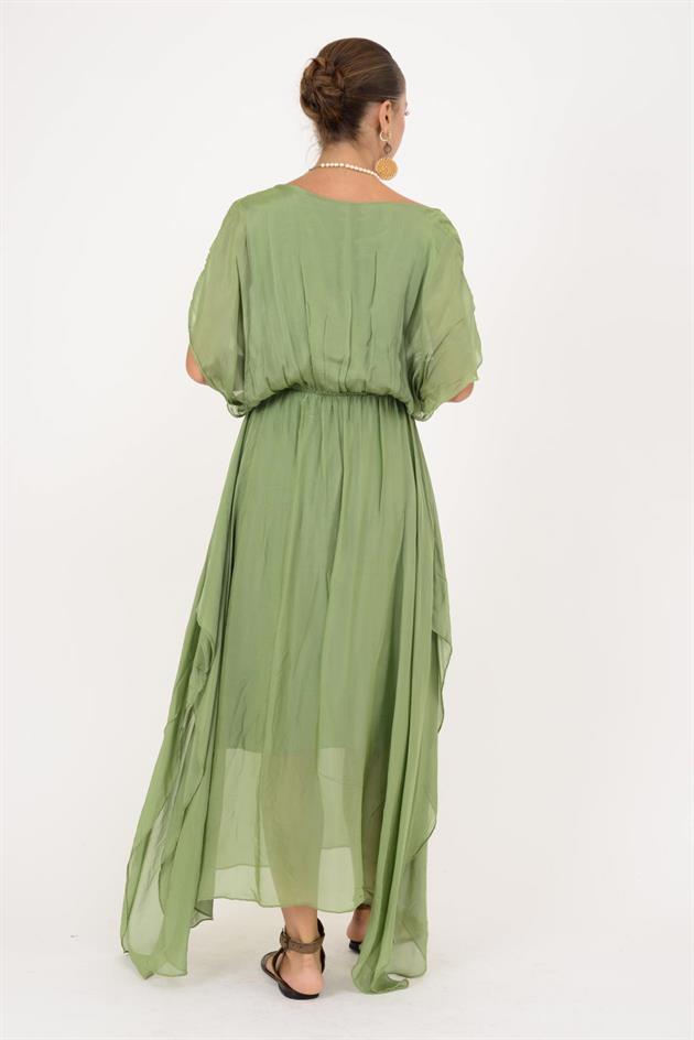 6108 BELİ BÜZGÜLÜ ASİMETRİK İPEK ELBİSE