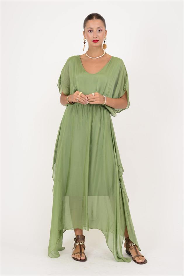 6108 BELİ BÜZGÜLÜ ASİMETRİK İPEK ELBİSE