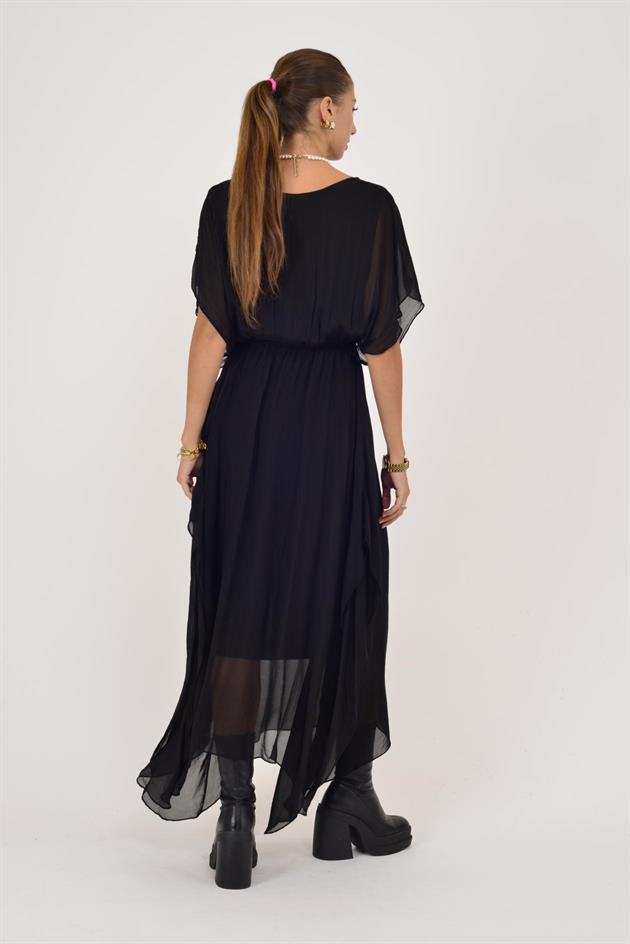 6108 BELİ BÜZGÜLÜ ASİMETRİK İPEK ELBİSE