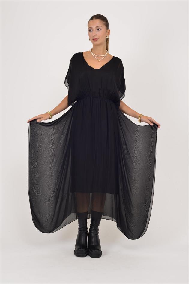 6108 BELİ BÜZGÜLÜ ASİMETRİK İPEK ELBİSE