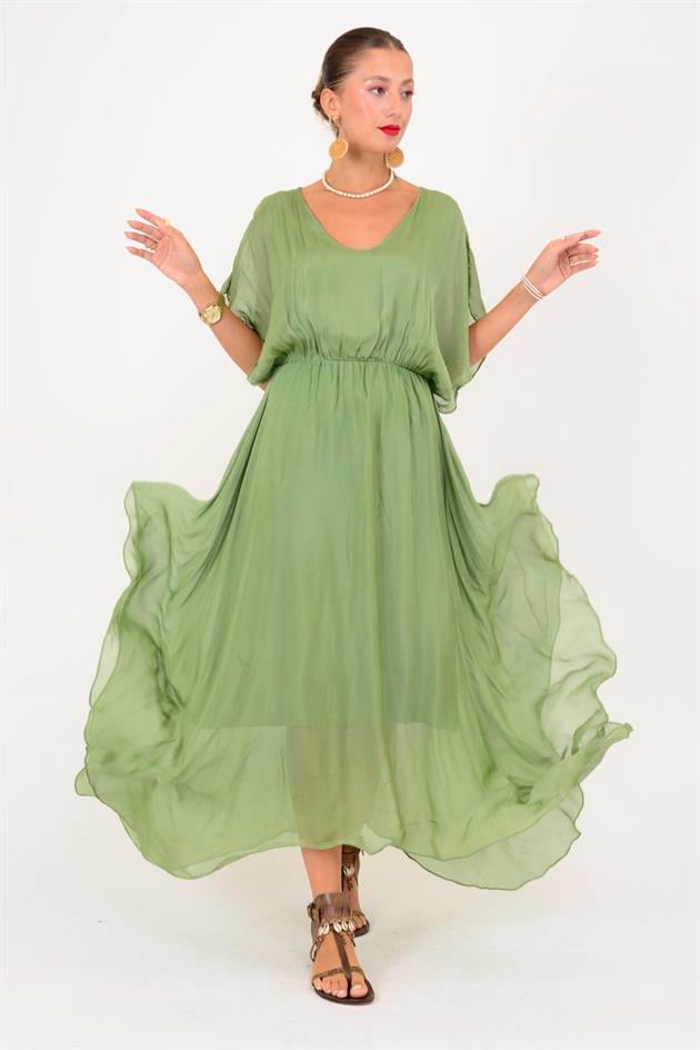 6108 BELİ BÜZGÜLÜ ASİMETRİK İPEK ELBİSE