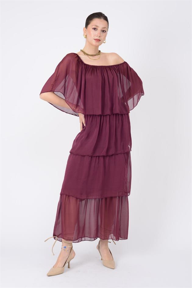 6109 MADONNA YAKA KAT KAT İPEK ELBİSE