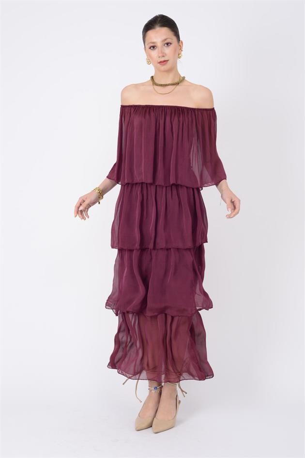 6109 MADONNA YAKA KAT KAT İPEK ELBİSE