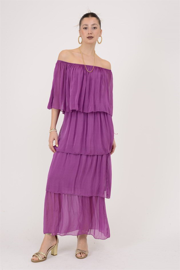 6109 MADONNA YAKA KAT KAT İPEK ELBİSE