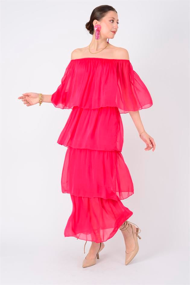 6109 MADONNA YAKA KAT KAT İPEK ELBİSE