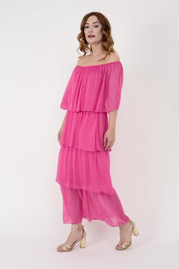 6109 MADONNA YAKA KAT KAT İPEK ELBİSE