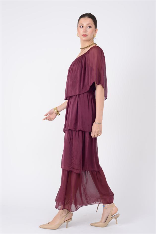 6109 MADONNA YAKA KAT KAT İPEK ELBİSE