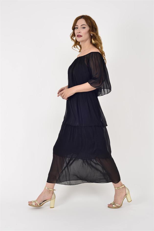 6109 MADONNA YAKA KAT KAT İPEK ELBİSE