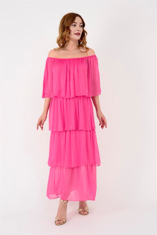 6109 MADONNA YAKA KAT KAT İPEK ELBİSE