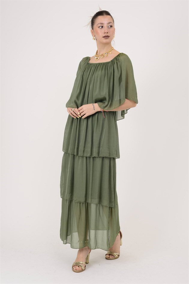 6109 MADONNA YAKA KAT KAT İPEK ELBİSE