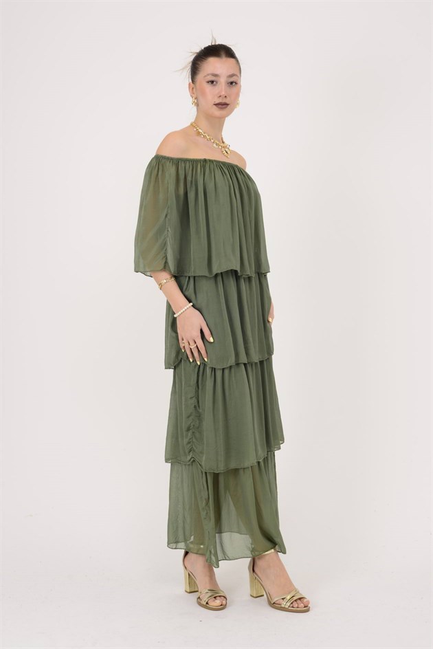 6109 MADONNA YAKA KAT KAT İPEK ELBİSE