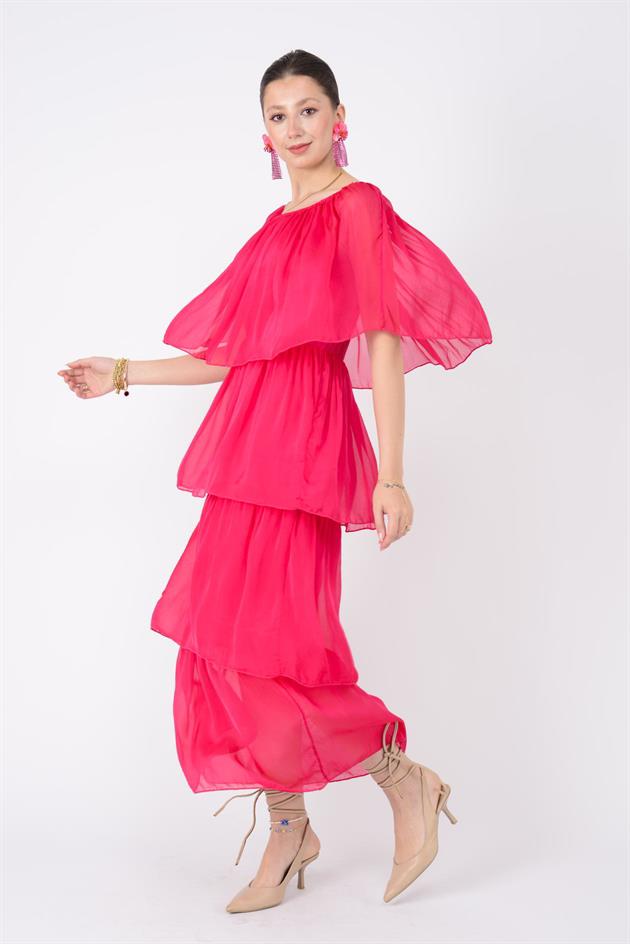 6109 MADONNA YAKA KAT KAT İPEK ELBİSE