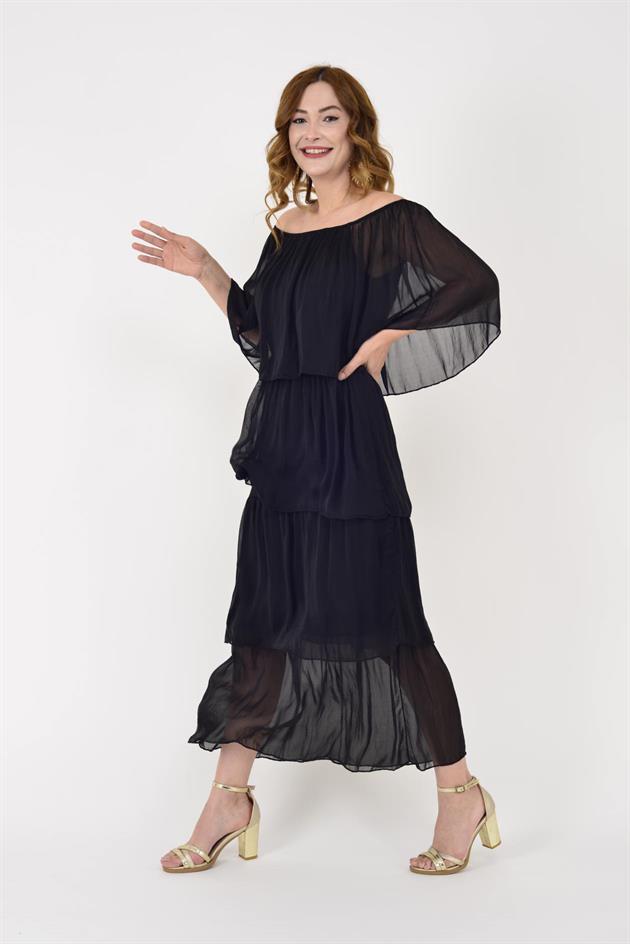 6109 MADONNA YAKA KAT KAT İPEK ELBİSE