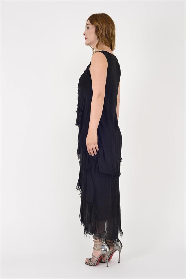 61460 PAYET DETAYLI V YAKA KAT KAT İPEK ELBİSE