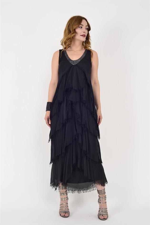 61460 PAYET DETAYLI V YAKA KAT KAT İPEK ELBİSE