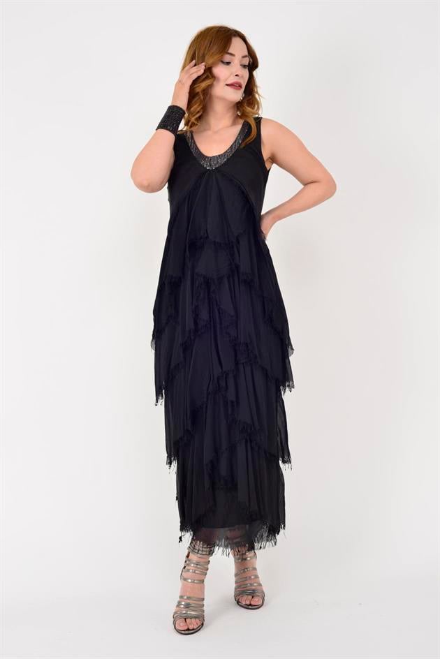 61460 PAYET DETAYLI V YAKA KAT KAT İPEK ELBİSE