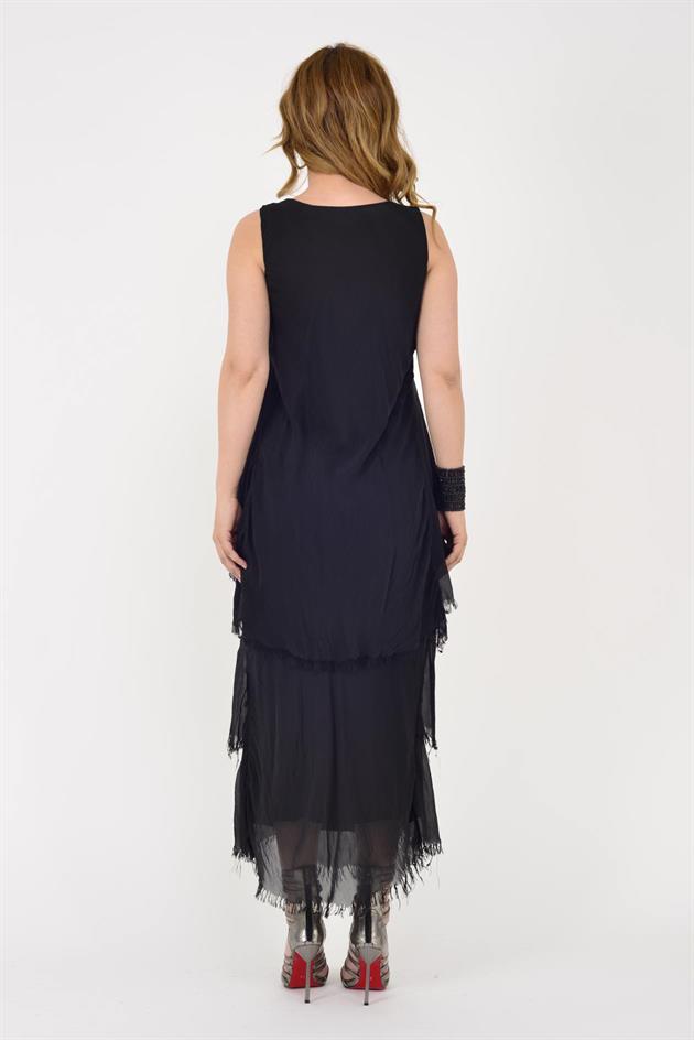 61460 PAYET DETAYLI V YAKA KAT KAT İPEK ELBİSE