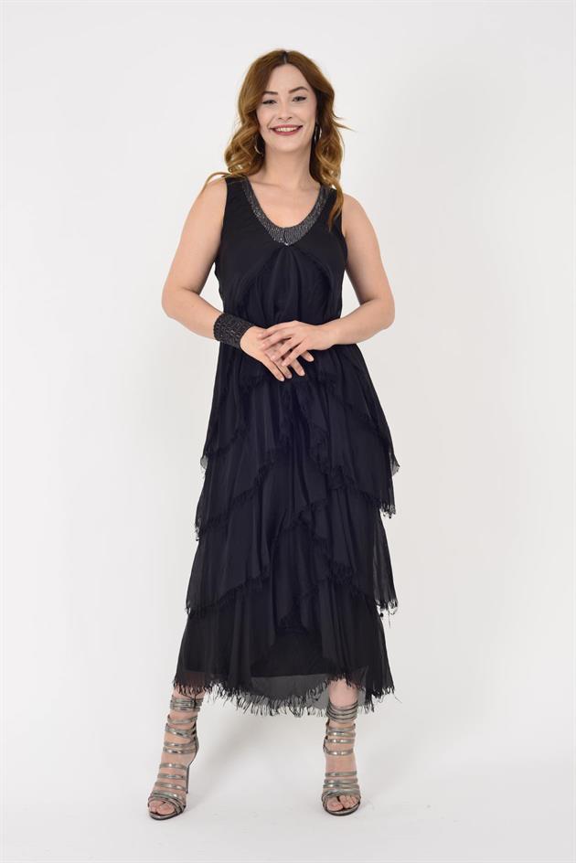 61460 PAYET DETAYLI V YAKA KAT KAT İPEK ELBİSE