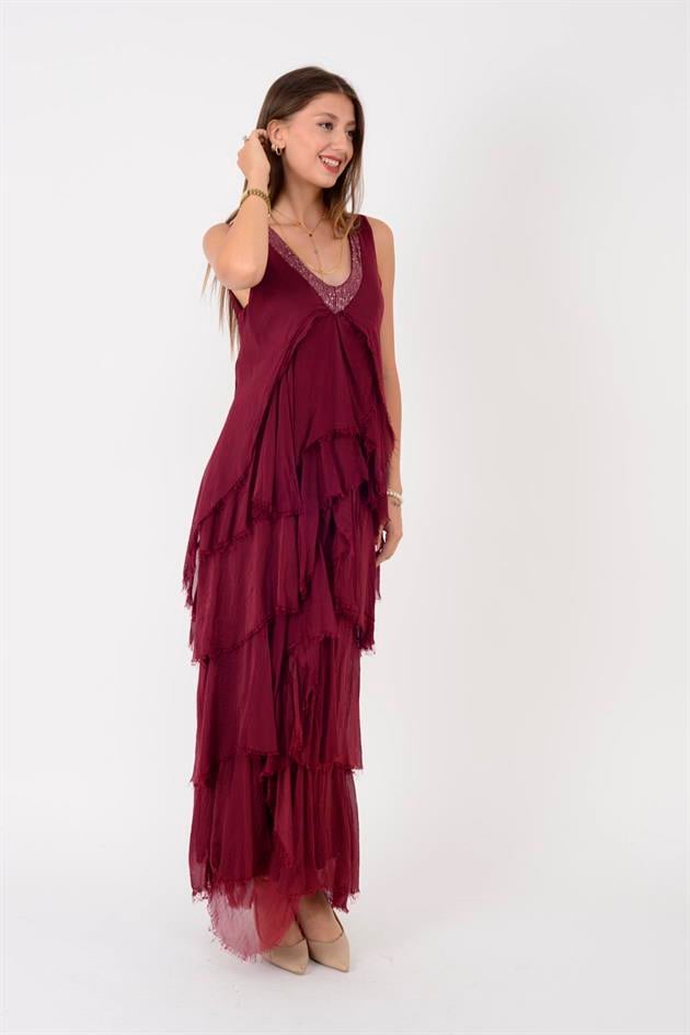 61460 PAYET DETAYLI V YAKA KAT KAT İPEK ELBİSE