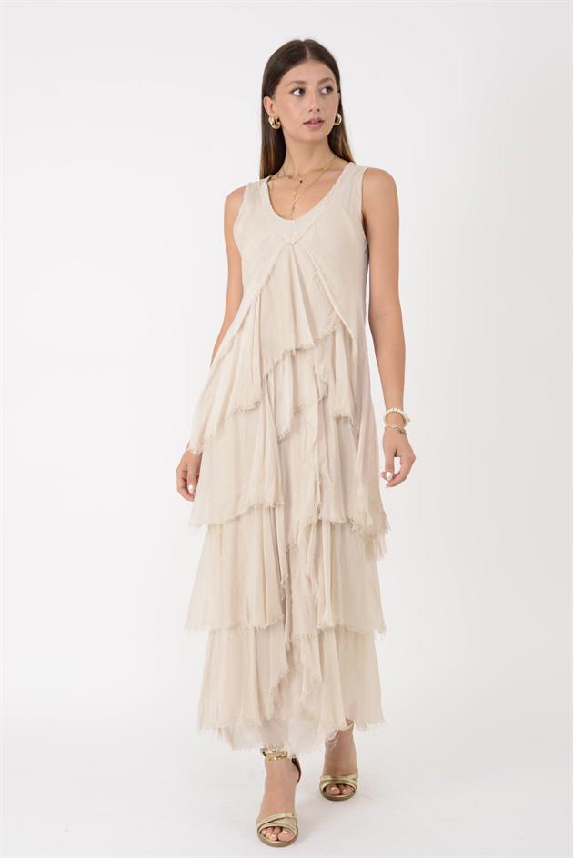 61460 PAYET DETAYLI V YAKA KAT KAT İPEK ELBİSE