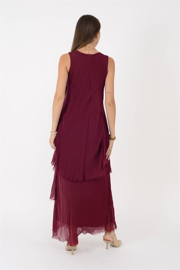 61460 PAYET DETAYLI V YAKA KAT KAT İPEK ELBİSE