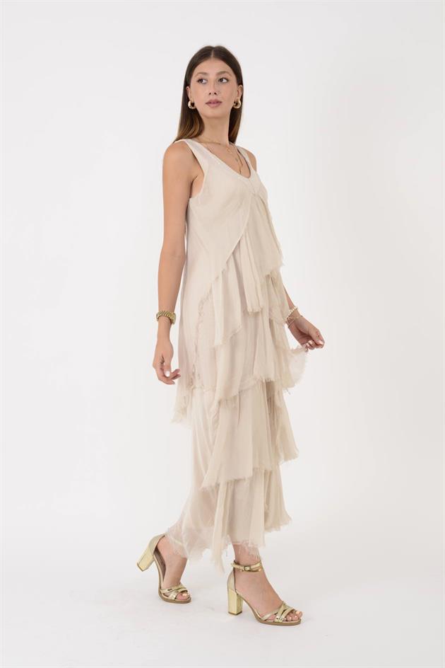 61460 PAYET DETAYLI V YAKA KAT KAT İPEK ELBİSE