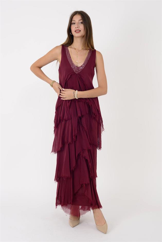 61460 PAYET DETAYLI V YAKA KAT KAT İPEK ELBİSE