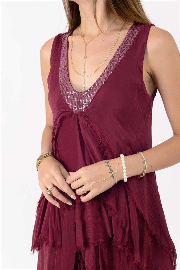 61460 PAYET DETAYLI V YAKA KAT KAT İPEK ELBİSE