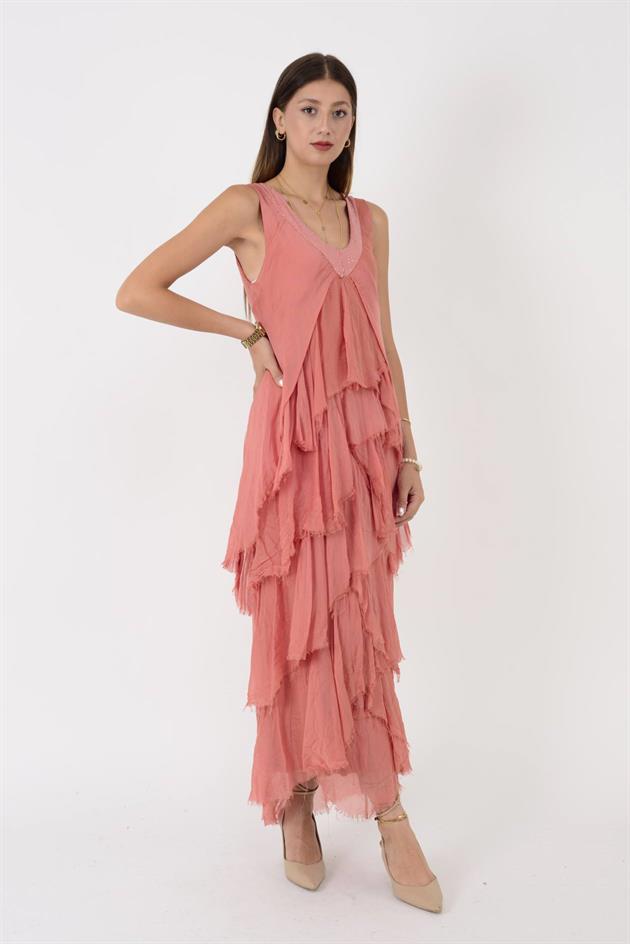 61460 PAYET DETAYLI V YAKA KAT KAT İPEK ELBİSE