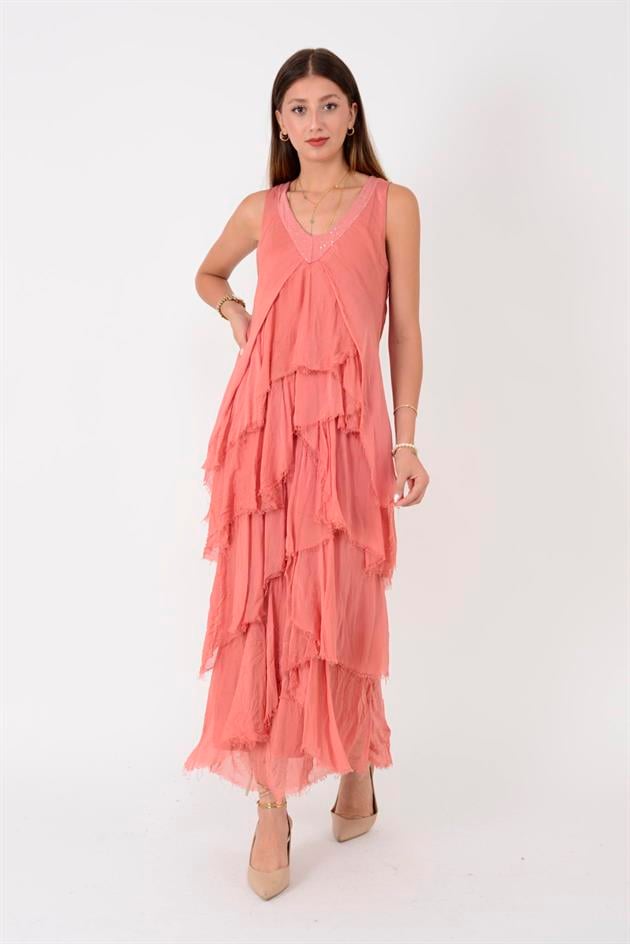 61460 PAYET DETAYLI V YAKA KAT KAT İPEK ELBİSE