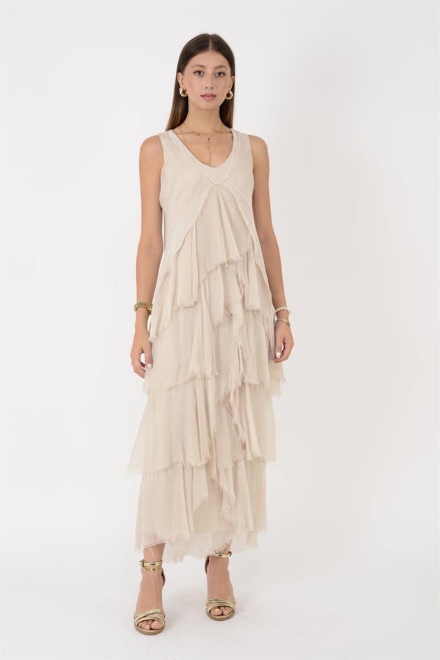 61460 PAYET DETAYLI V YAKA KAT KAT İPEK ELBİSE