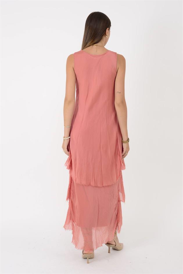 61460 PAYET DETAYLI V YAKA KAT KAT İPEK ELBİSE