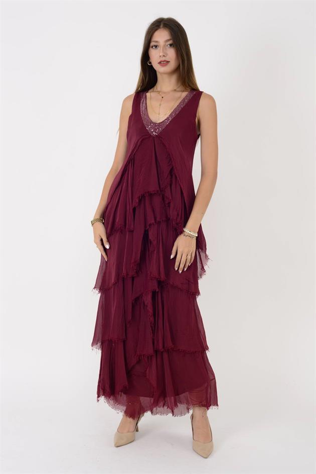 61460 PAYET DETAYLI V YAKA KAT KAT İPEK ELBİSE