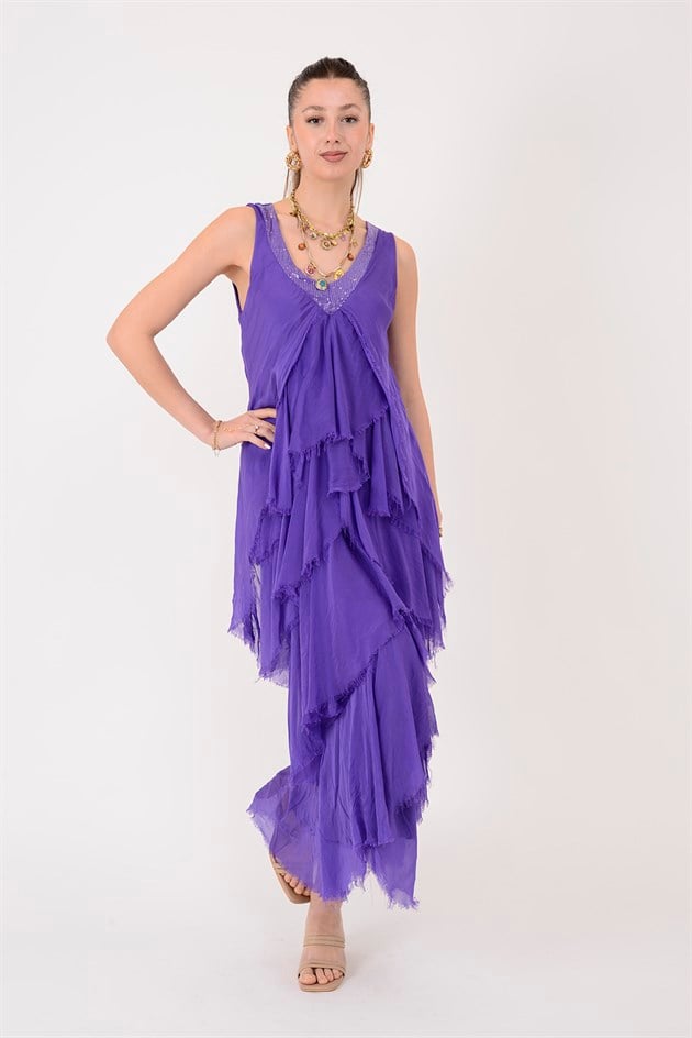 61460 PAYET DETAYLI V YAKA KAT KAT İPEK ELBİSE
