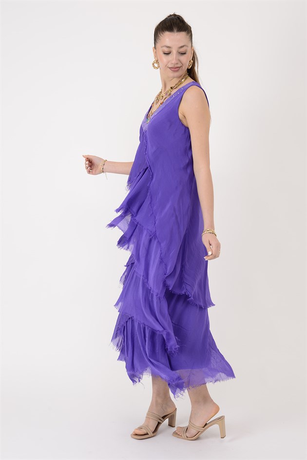 61460 PAYET DETAYLI V YAKA KAT KAT İPEK ELBİSE