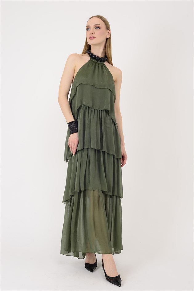 6153 PRATO OMUZDAN BAĞLAMALI KAT KAT İPEK ELBİSE