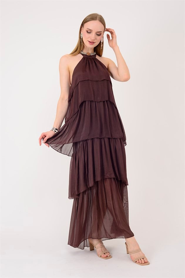 6153 PRATO OMUZDAN BAĞLAMALI KAT KAT İPEK ELBİSE