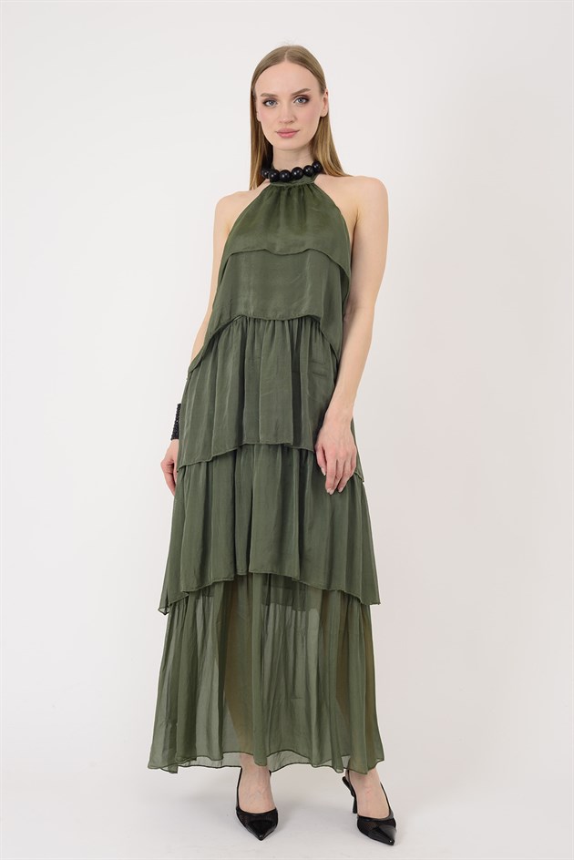 6153 PRATO OMUZDAN BAĞLAMALI KAT KAT İPEK ELBİSE