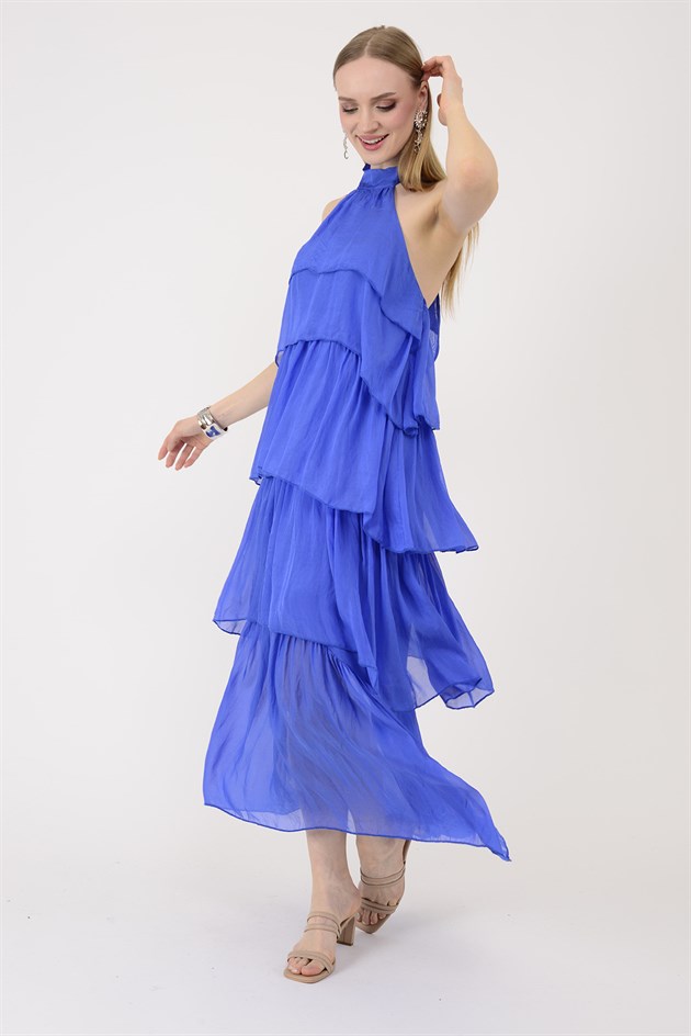 6153 PRATO OMUZDAN BAĞLAMALI KAT KAT İPEK ELBİSE