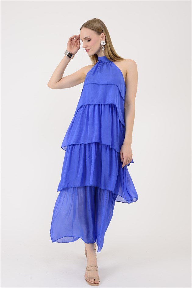 6153 PRATO OMUZDAN BAĞLAMALI KAT KAT İPEK ELBİSE