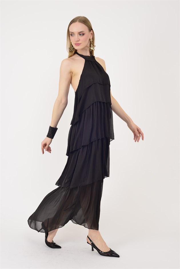 6153 PRATO OMUZDAN BAĞLAMALI KAT KAT İPEK ELBİSE