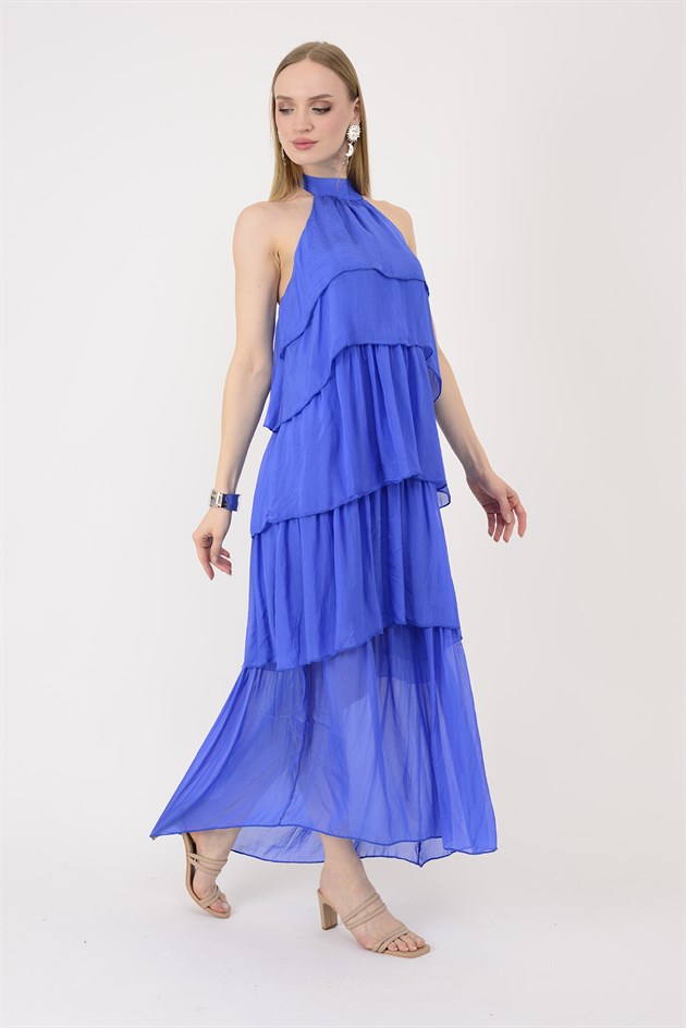 6153 PRATO OMUZDAN BAĞLAMALI KAT KAT İPEK ELBİSE