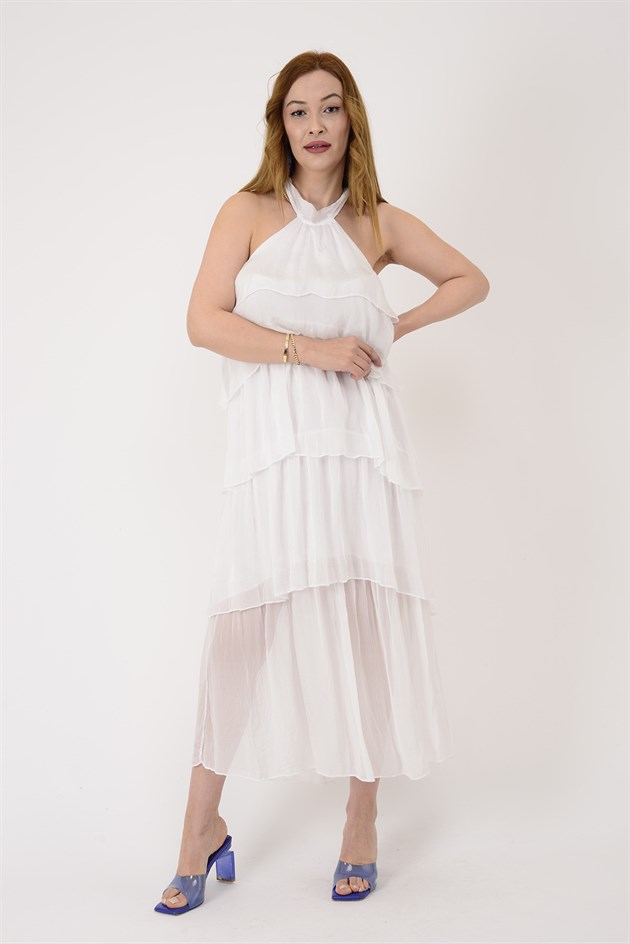 6153 PRATO OMUZDAN BAĞLAMALI KAT KAT İPEK ELBİSE